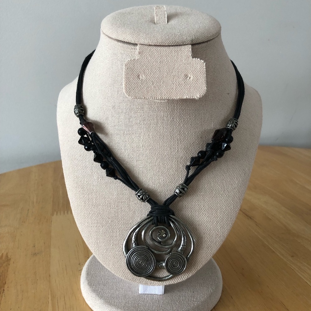 Vintage Black Strand Choker Necklace with Beads and Silver Tone Spiral Pendant